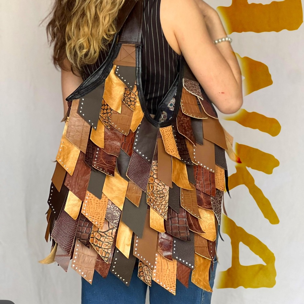 Handmade multicolored hippie fringe tassel leather Boho bag